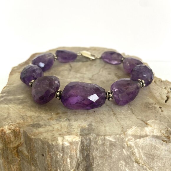 Sterling Silver 925 Faceted Amethyst Chunk Beaded Bracelet 8" Fits 6.75" Wrist - Picture 2 of 16
